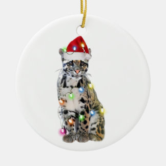 Clouded Leopard With Hat Scaft Christmas Ceramic Ornament
