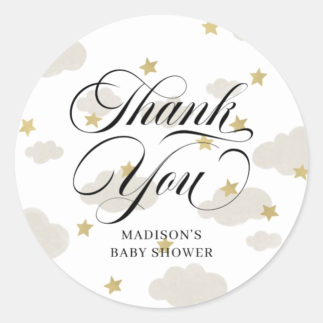 Clouds and Gold Stars | Thank You with Date Star S Classic Round Sticker (Front)