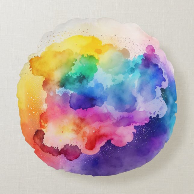 Clouds and Watercolor Rainbow Coloured Throw Pillo Round Pillow (Front)