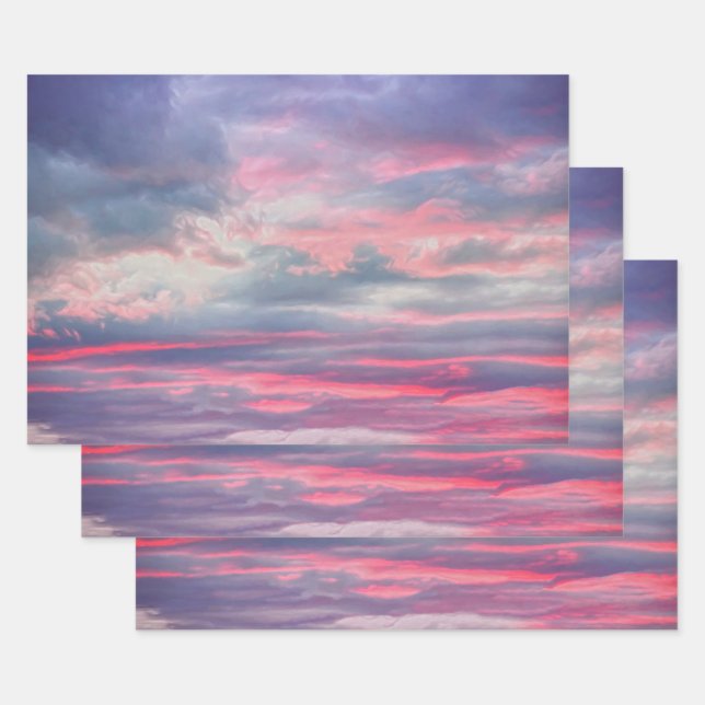 Clouds Beautiful Pink White Blue Painted Sky Wrapping Paper Sheet (Set)
