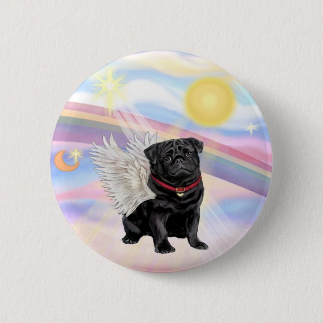 Clouds - Black Pug Angel 2 Inch Round Button (Front)