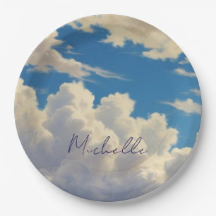 Clouds Blue Sky Plain Modern Own Name Calligraphy Paper Plate