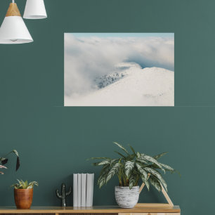 Clouds clearing above spruce forest mountains poster
