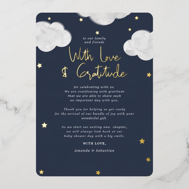 Clouds Dark Blue Baby Shower Flat Thank You (Front)