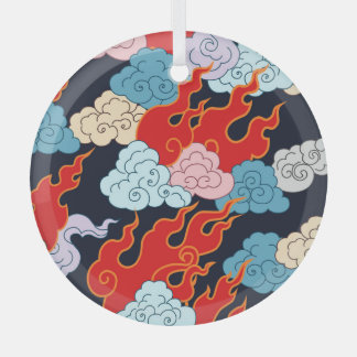 Clouds, Flames: Black Vintage Pattern. Glass Ornament