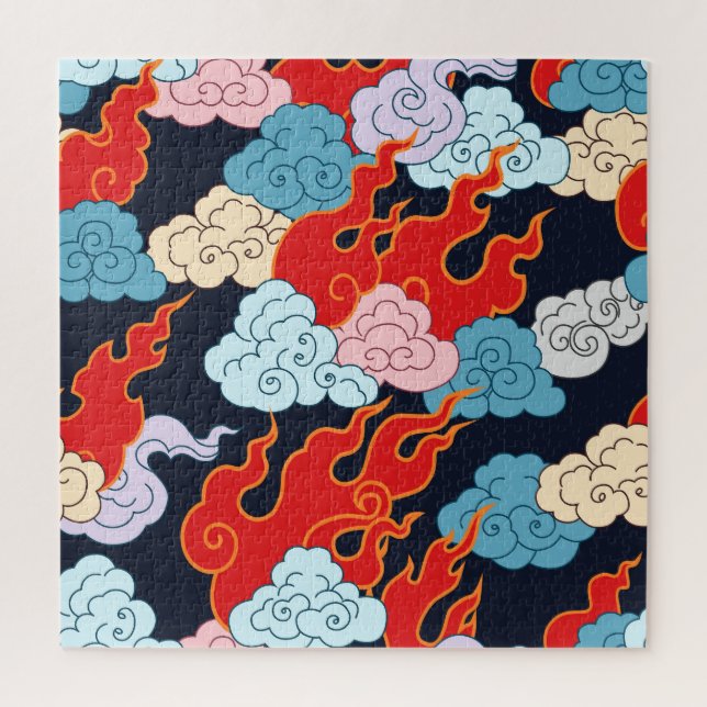 Clouds, Flames: Black Vintage Pattern. Jigsaw Puzzle (Vertical)
