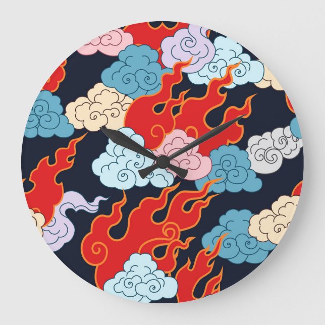 Clouds, Flames: Black Vintage Pattern. Large Clock (Front)