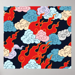 Clouds, Flames: Black Vintage Pattern. Poster