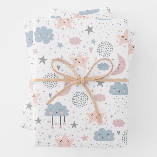 Clouds Moon Starry Sky Baby Shower Birthday Wrapping Paper Sheet (In situ)