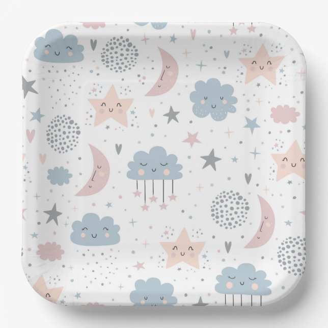 Clouds Moon Stars Paper Plate (Front)