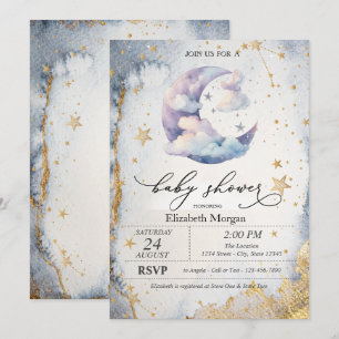 Clouds Moon,Stars Watercolor Baby Shower  Invitation