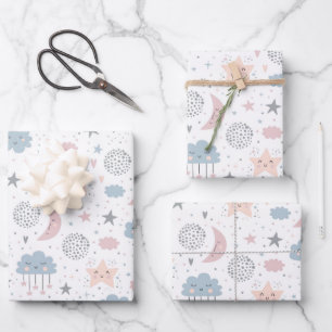 Clouds Moon Stars Wrapping Paper, Celestial Gift  Paper Sheet