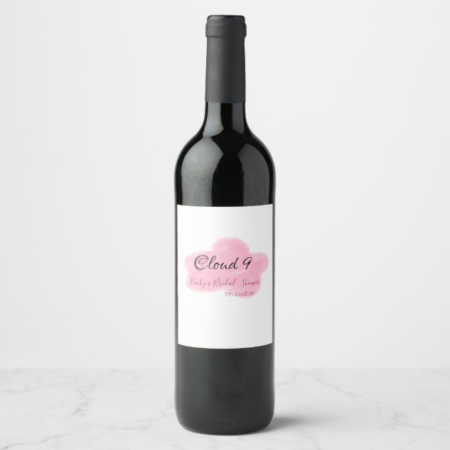 Clouds nine red pastel bridal shower namedate wine label (Front)