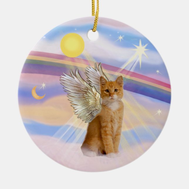 Clouds - Orange Tabby Tiger Cat Angel Ceramic Ornament (Front)