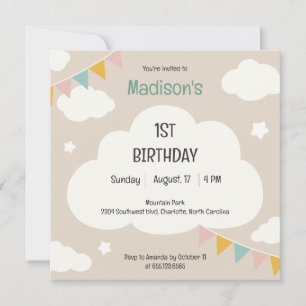 Clouds party flags baby first birthday invitation