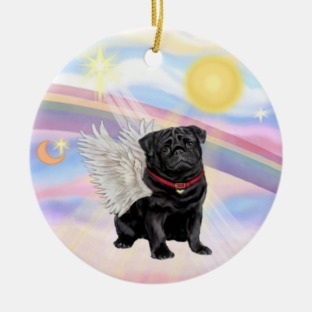 Clouds - Pug Angel (black) Ceramic Ornament (Front)