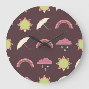 Clouds, rain, sun, umbrella pattern. large clock