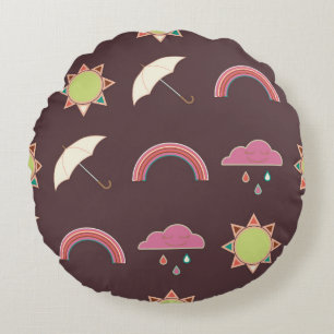 Clouds, rain, sun, umbrella pattern. round pillow