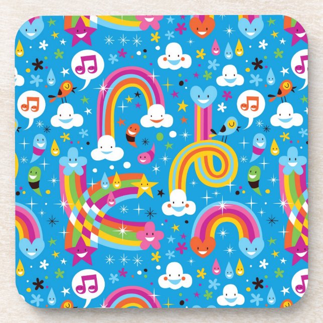 clouds rainbows rain drops hearts pattern coaster (Front)