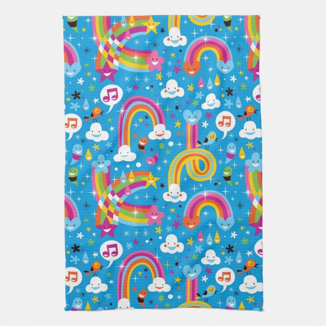 clouds rainbows rain drops hearts pattern kitchen towel (Vertical)