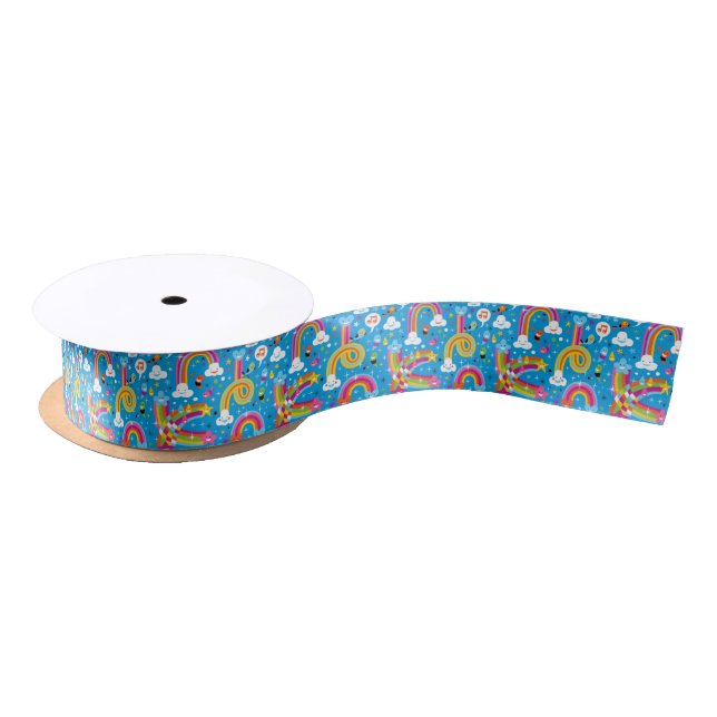 clouds rainbows rain drops hearts pattern satin ribbon (Spool)