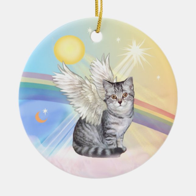 Clouds - Silver Tabby Tiger Cat Angel Ceramic Ornament (Front)