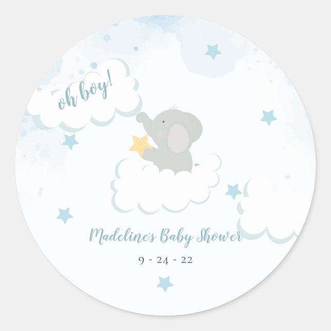 Clouds Stars Elephant Baby Shower Classic Round Sticker (Front)