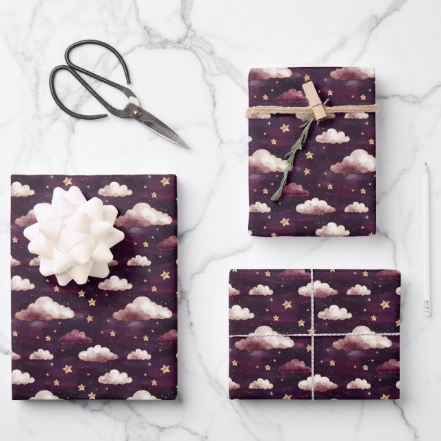 Clouds & Stars on Dark Purple Wrapping Paper Sheet (Front)