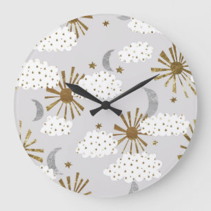 Clouds, sun, and moon, minimalistic pattern. large clock