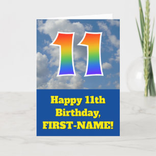 Cloudy Blue Sky, Rainbow Pattern "11" Birthday # Card