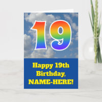 Cloudy Blue Sky, Rainbow Pattern "19" Birthday #