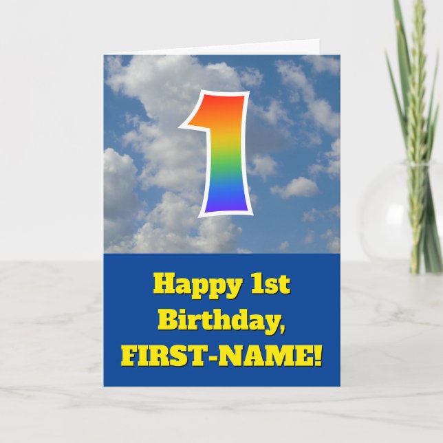 Cloudy Blue Sky, Rainbow Pattern "1" Birthday # Card (Front)