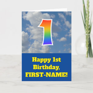 Cloudy Blue Sky, Rainbow Pattern "1" Birthday # Card