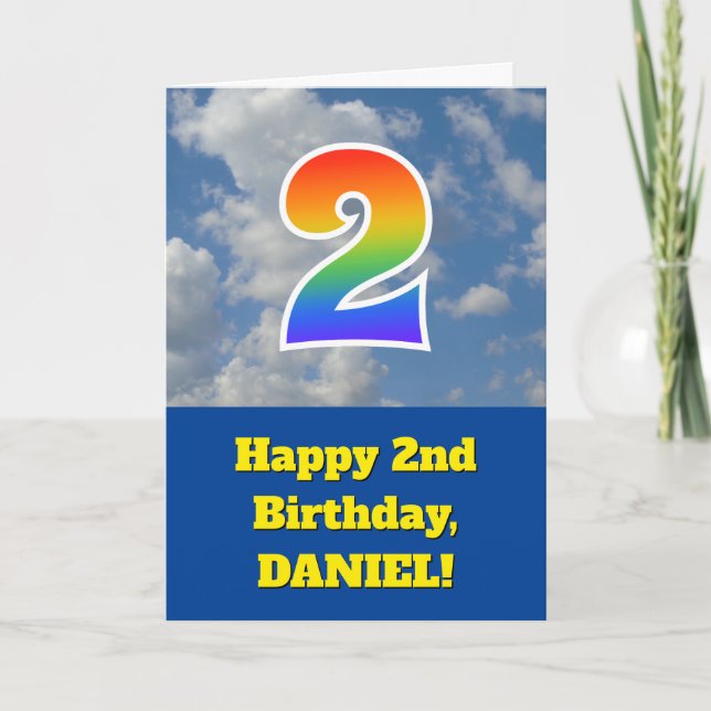 Cloudy Blue Sky, Rainbow Pattern "2" Birthday # Card (Front)