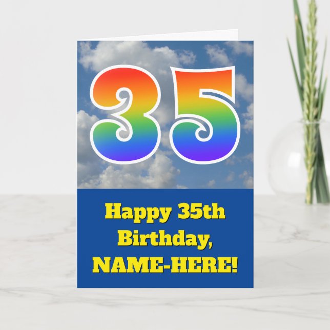 Cloudy Blue Sky, Rainbow Pattern "35" Birthday # Card (Front)