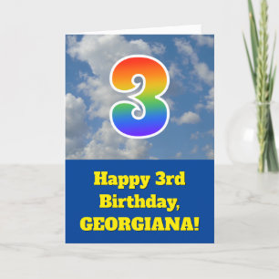 Cloudy Blue Sky, Rainbow Pattern "3" Birthday # Card