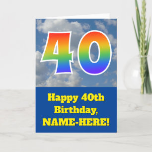 Cloudy Blue Sky, Rainbow Pattern "40" Birthday # Card