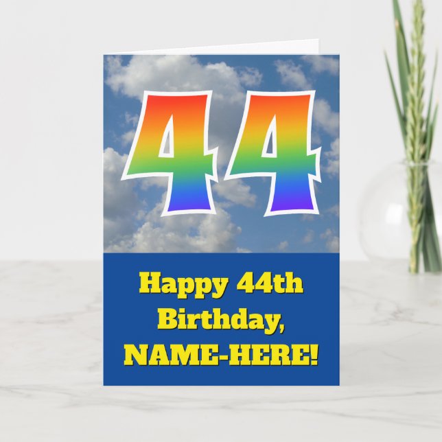 Cloudy Blue Sky, Rainbow Pattern "44" Birthday # Card (Front)