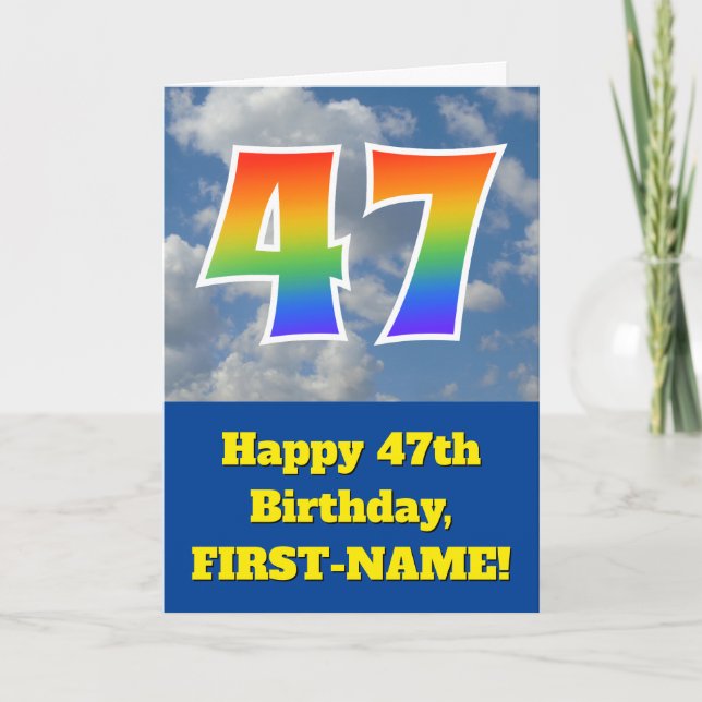 Cloudy Blue Sky, Rainbow Pattern "47" Birthday # Card (Front)