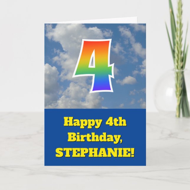 Cloudy Blue Sky, Rainbow Pattern "4" Birthday # Card (Front)