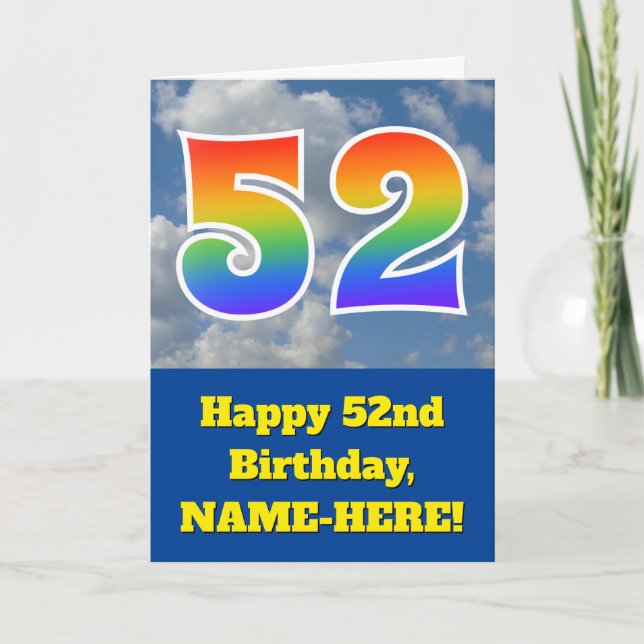 Cloudy Blue Sky, Rainbow Pattern "52" Birthday # Card (Front)