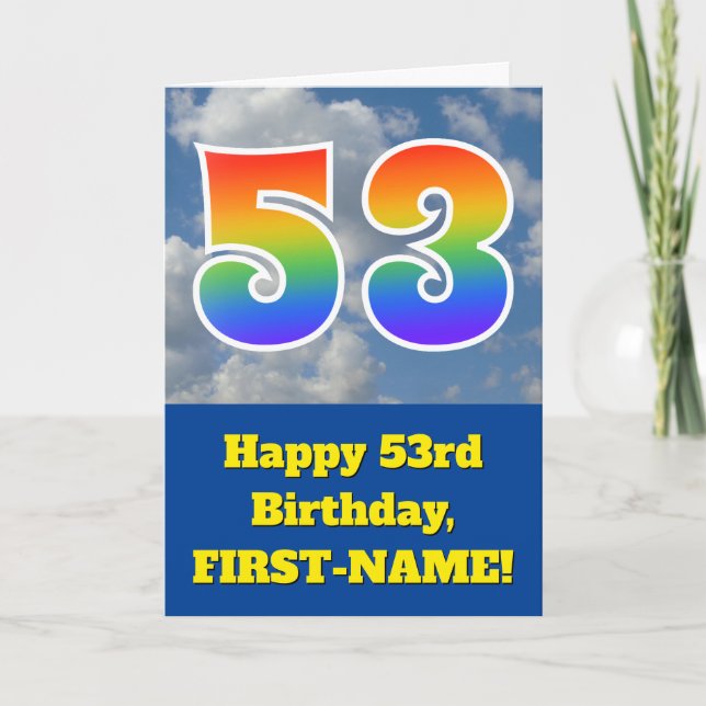 Cloudy Blue Sky, Rainbow Pattern "53" Birthday # Card (Front)