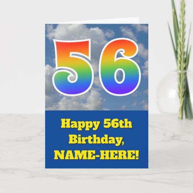 Cloudy Blue Sky, Rainbow Pattern "56" Birthday # Card (Front)
