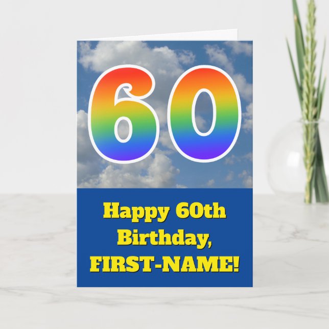 Cloudy Blue Sky, Rainbow Pattern "60" Birthday # Card (Front)