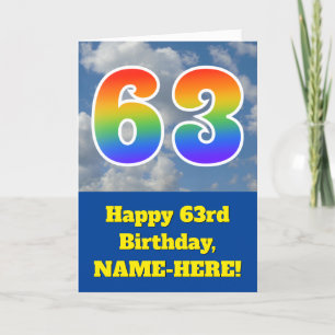 Cloudy Blue Sky, Rainbow Pattern "63" Birthday # Card