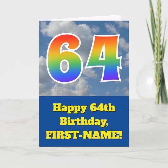 Cloudy Blue Sky, Rainbow Pattern "64" Birthday # Card (Front)
