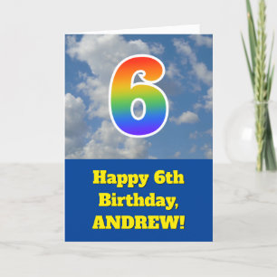 Cloudy Blue Sky, Rainbow Pattern "6" Birthday # Card