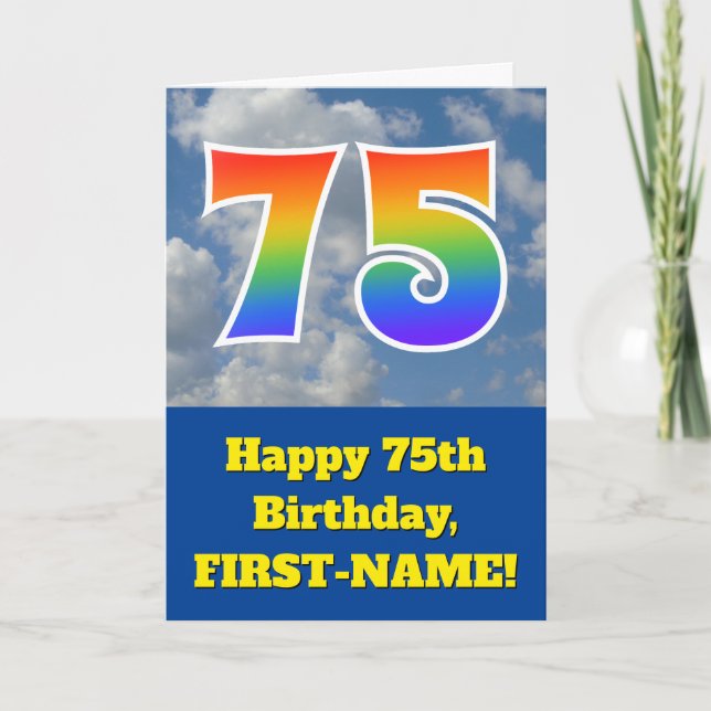 Cloudy Blue Sky, Rainbow Pattern "75" Birthday # Card (Front)