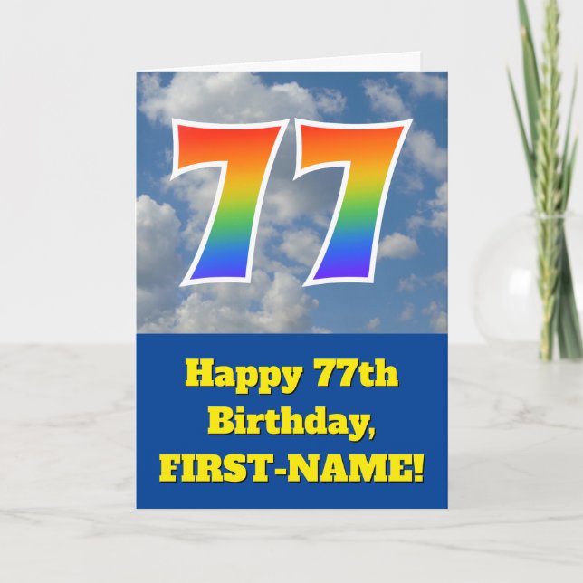 Cloudy Blue Sky, Rainbow Pattern "77" Birthday # Card (Front)
