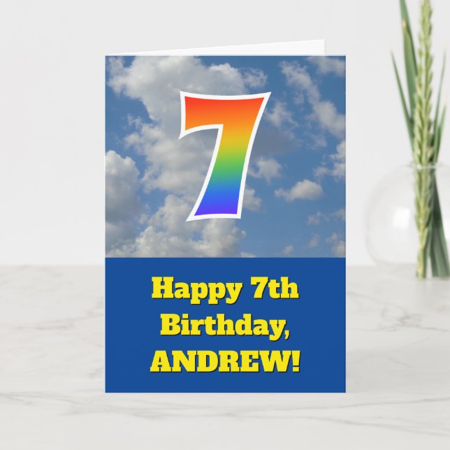 Cloudy Blue Sky, Rainbow Pattern "7" Birthday # Card (Front)